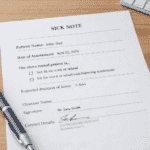 A sample Canadian sick note template with patient name, date, clinician signature, and work fitness statement.