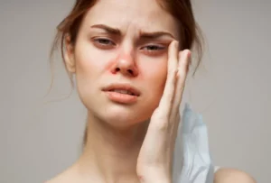 Red-Haired Woman Medical Face Mask Cold Close-up