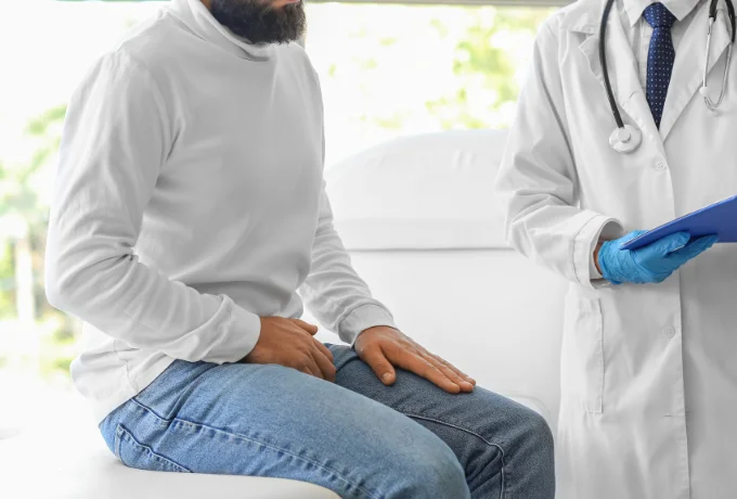 Man with Prostate Problem Visiting Urologist in Clinic, Closeup