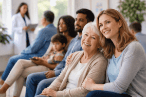 An adult daughter sitting beside her elderly mother in a healthcare waiting area, representing families in British Columbia seeking access to primary care.